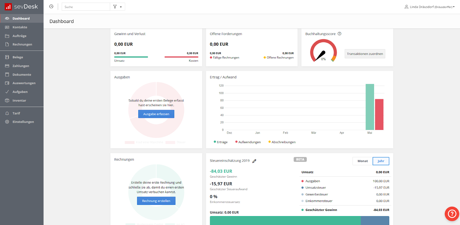 Dashboard of the accounting software sevDesk