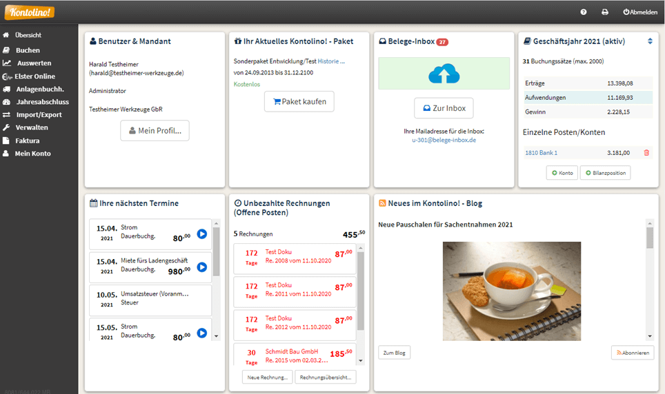 Overview page of Kontolino!
