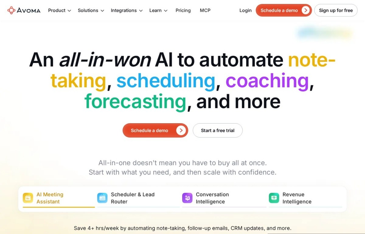 Avoma homepage showing meeting intelligence for revenue teams