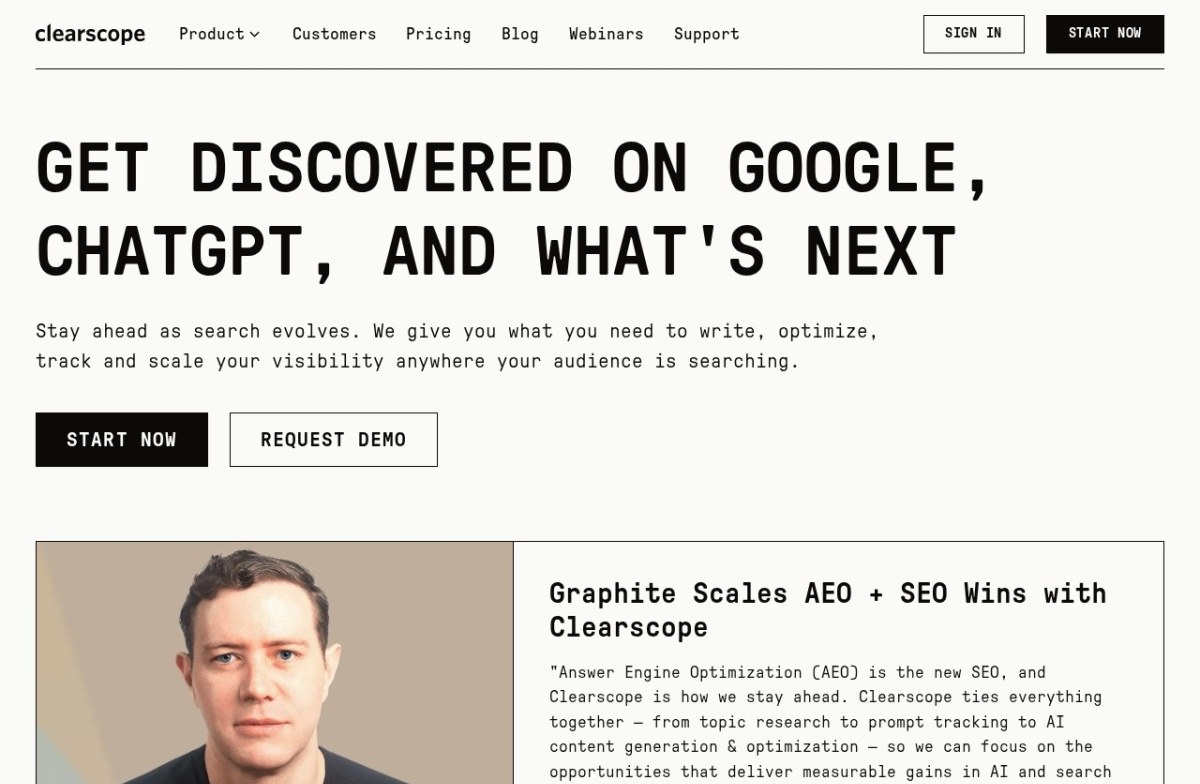 Clearscope homepage about getting discovered on Google and chat assistants