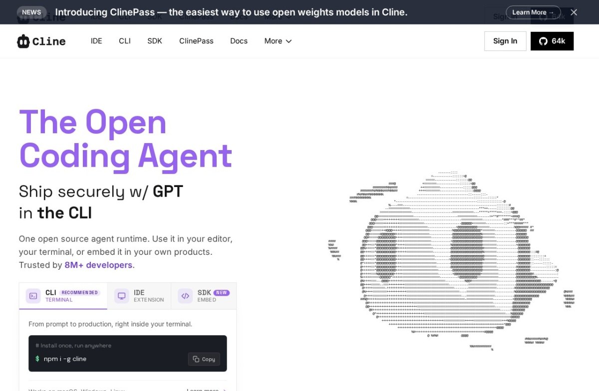 Cline homepage describing an open coding agent for editor, terminal and embedding