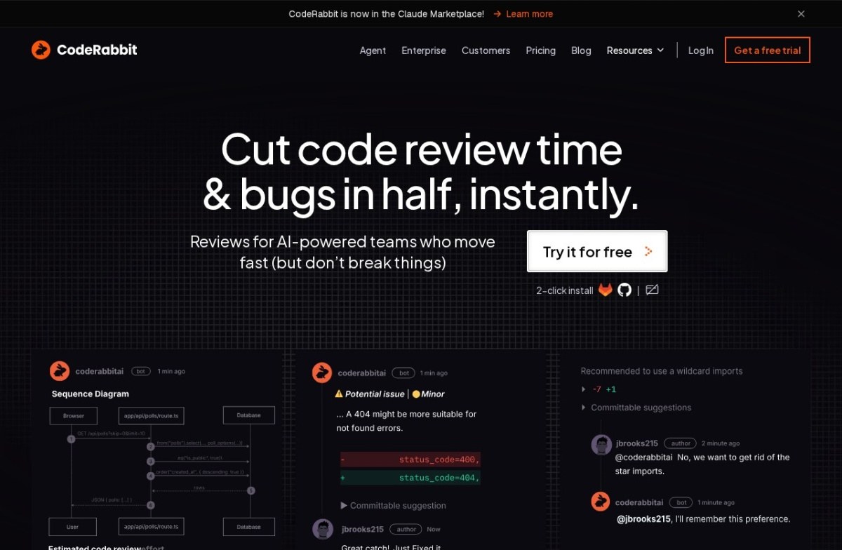 CodeRabbit homepage showing automated pull request review comments