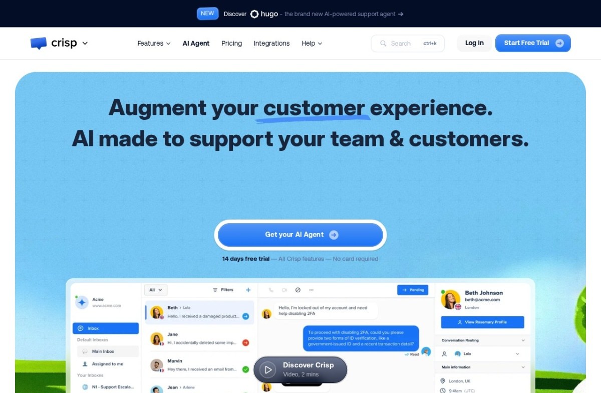 Crisp homepage showing a shared multichannel inbox