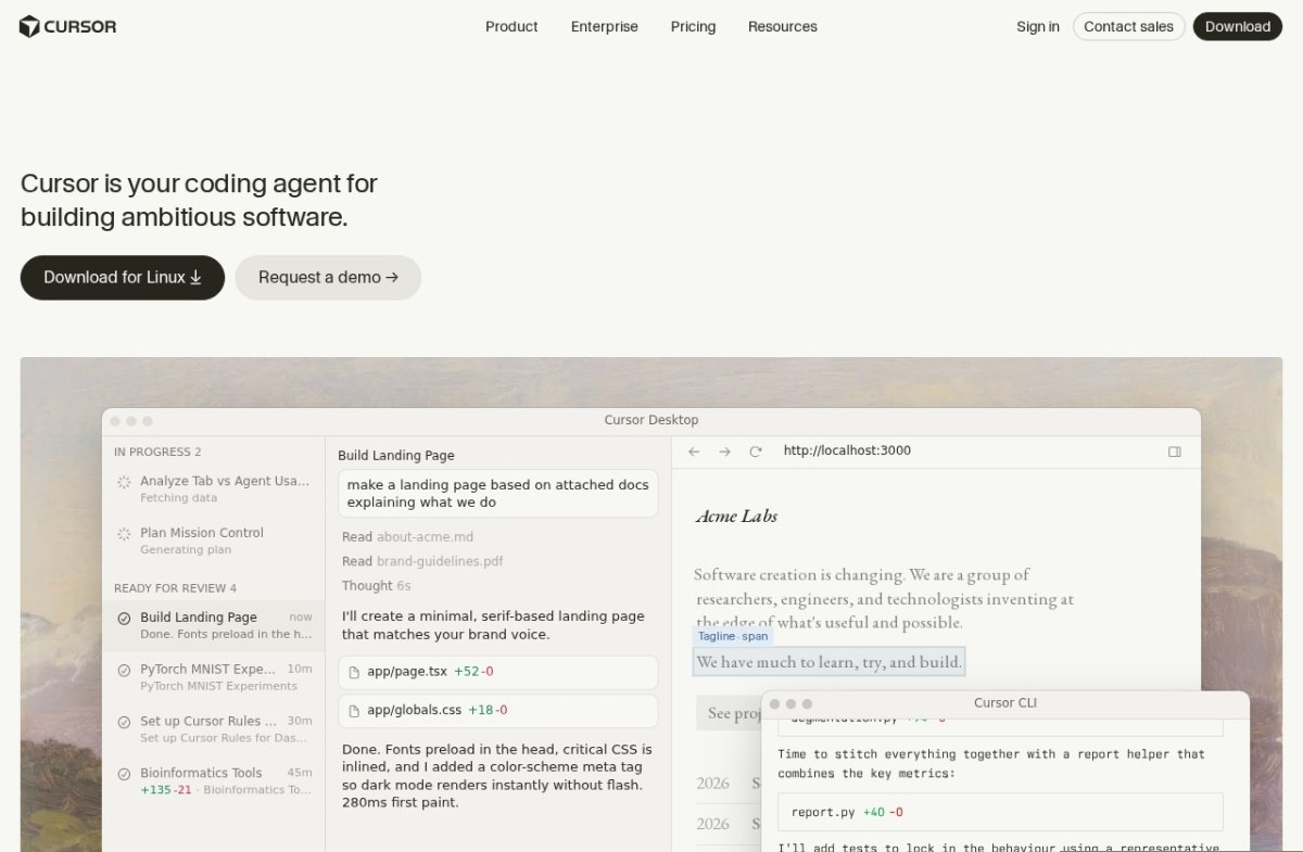 Cursor homepage describing its coding agent for building software