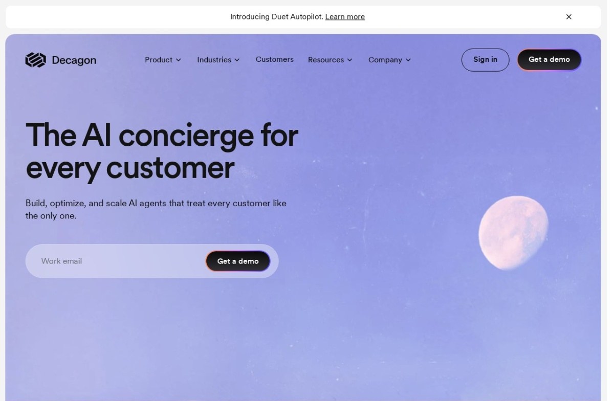 Decagon homepage describing AI concierge agents for customer support