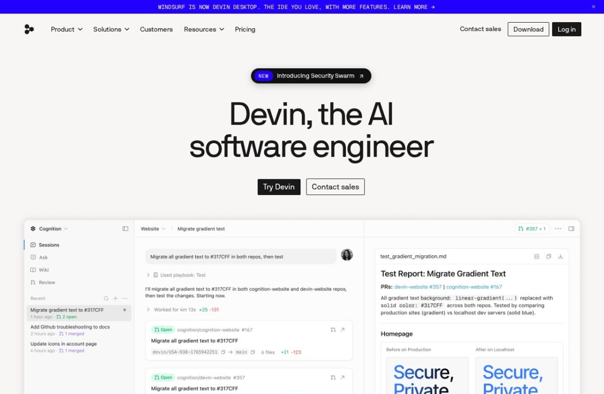 Devin homepage showing an AI software engineer session migrating code