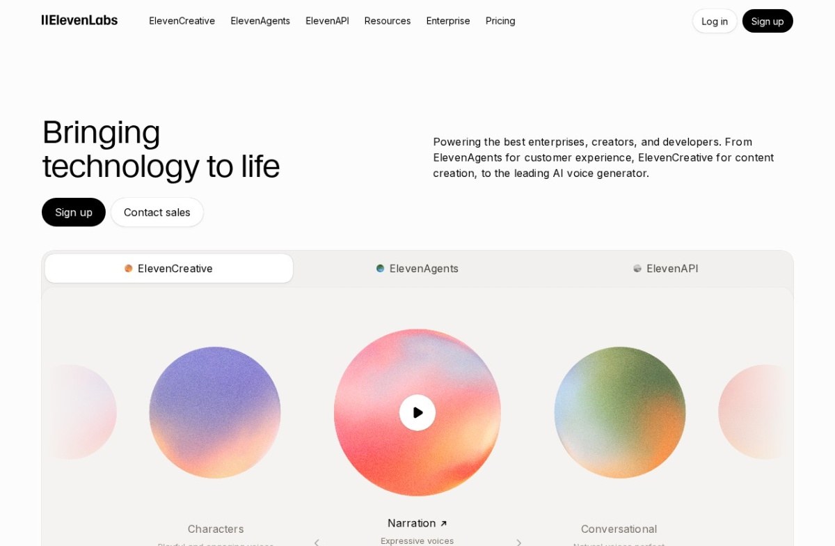 ElevenLabs voice AI home page