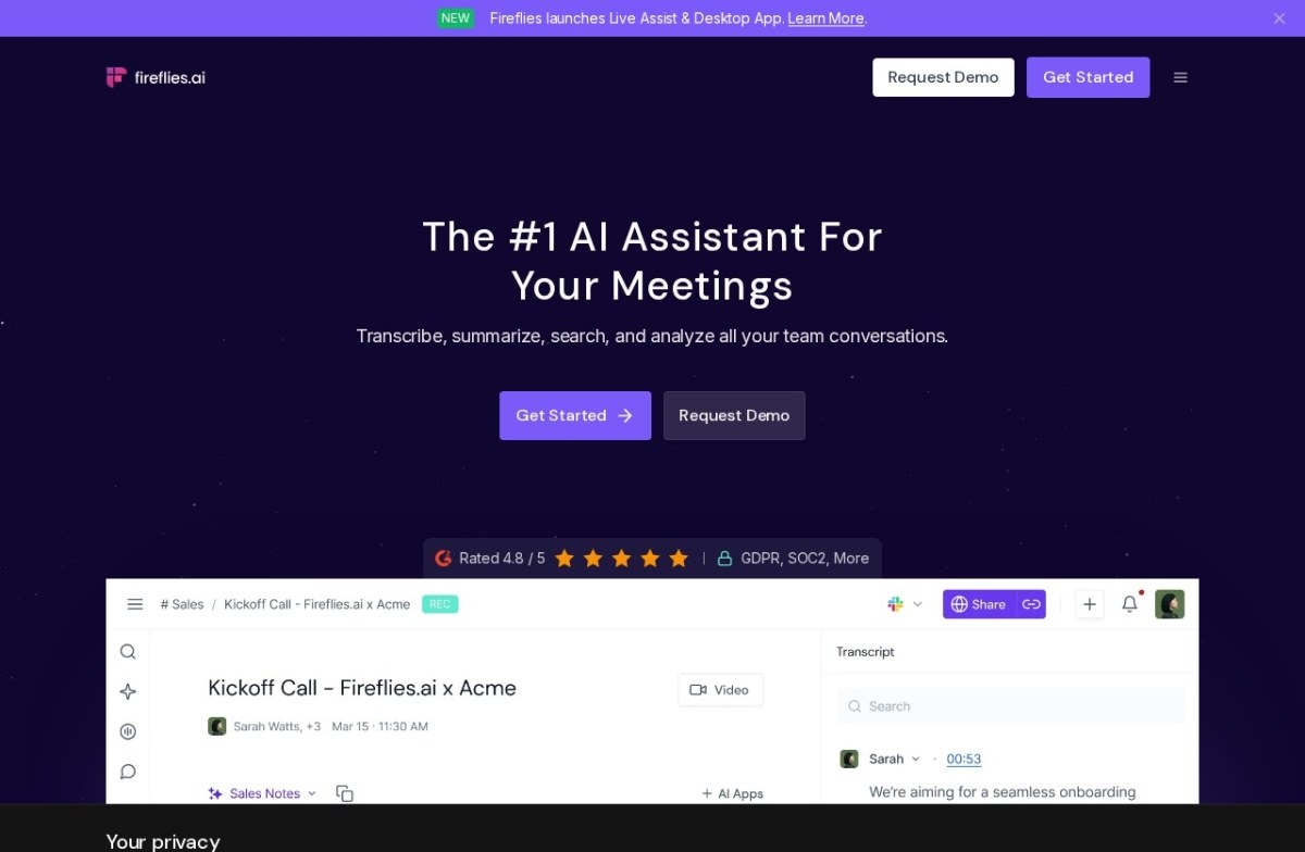 Fireflies.ai meeting assistant home page