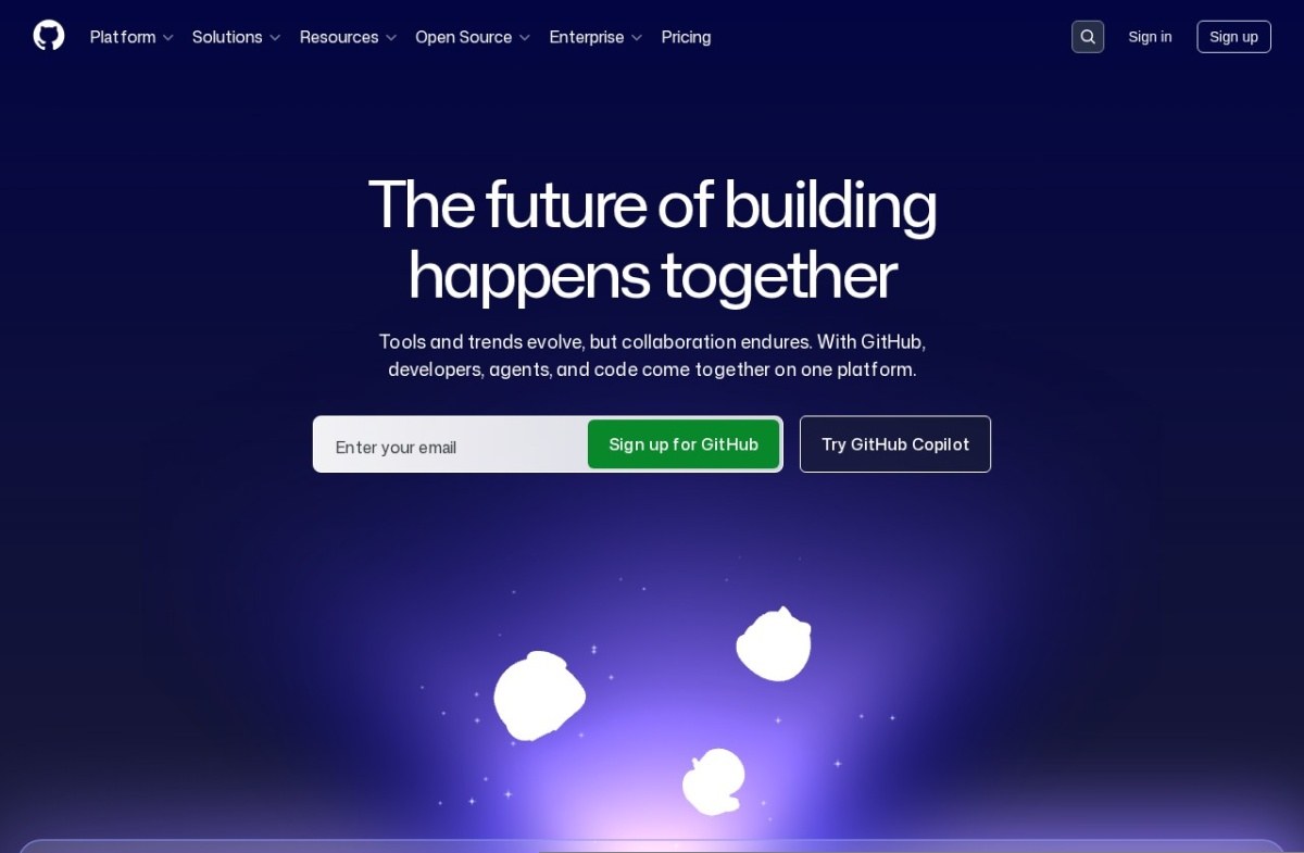 GitHub homepage promoting GitHub Copilot for developers and agents
