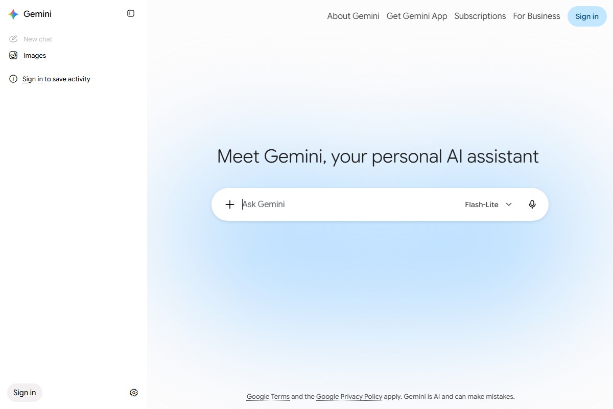 Google Gemini home page with a prompt box and a microphone button