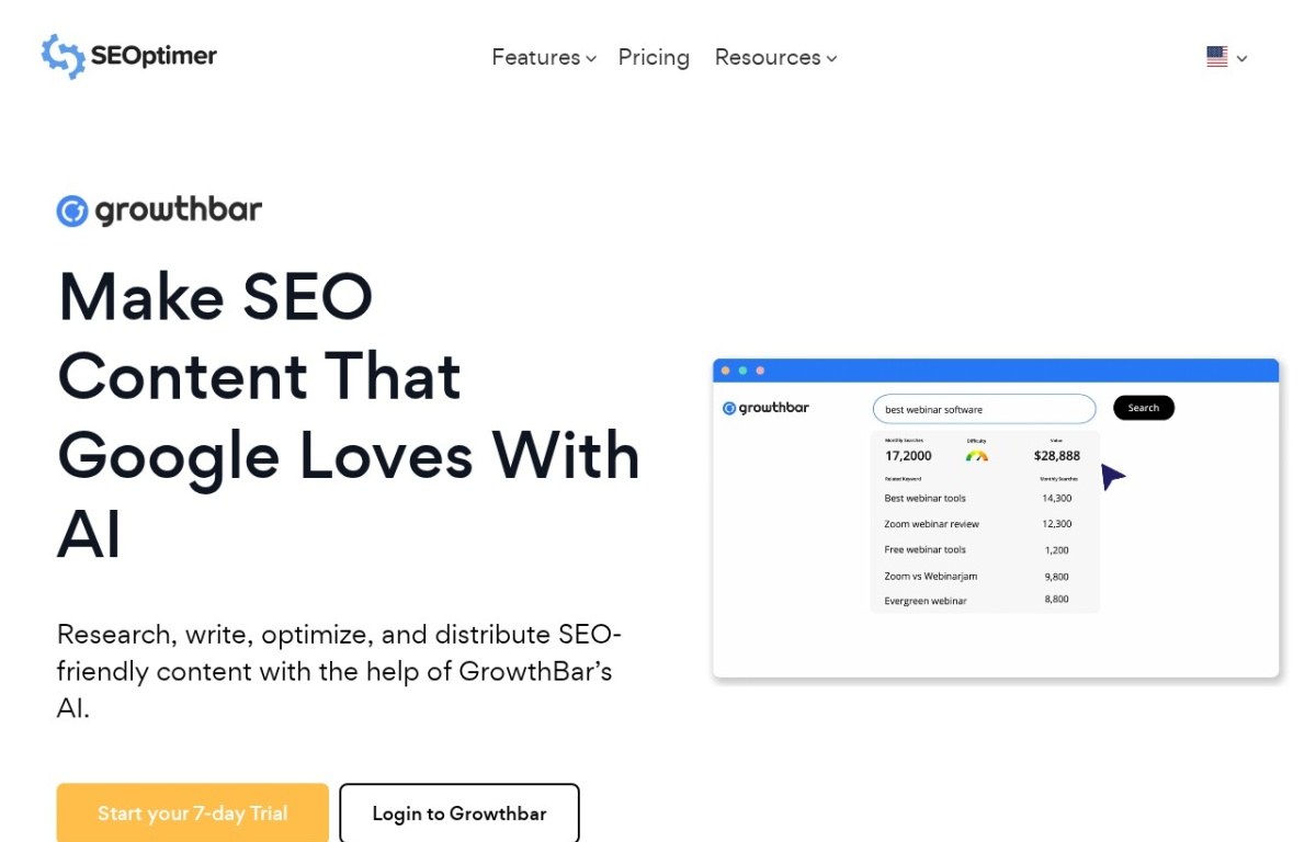 GrowthBar product page shown inside the SEOptimer website