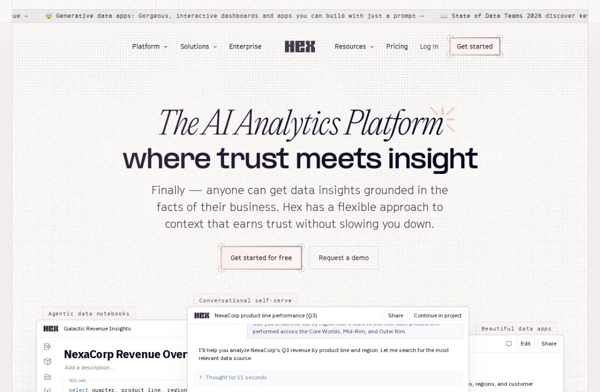 Hex AI analytics platform home page