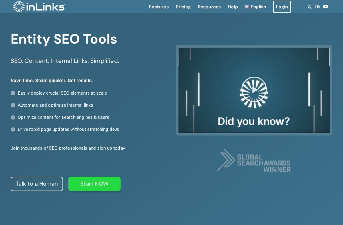 InLinks homepage describing entity SEO tools for content and internal links