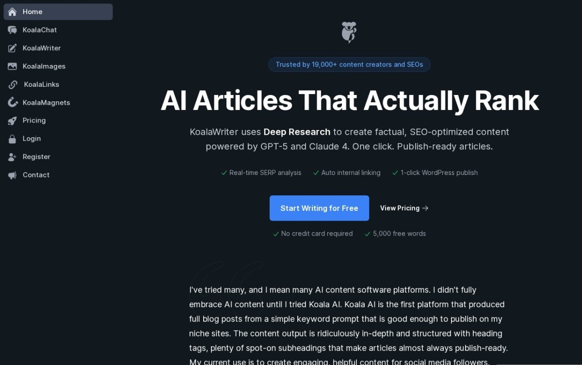 Koala AI homepage describing research-grounded article generation