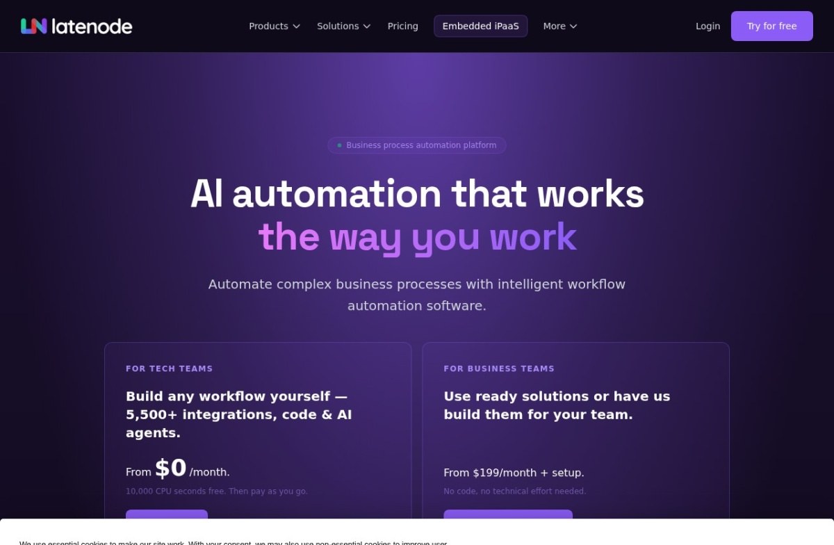Latenode homepage describing AI automation for business processes