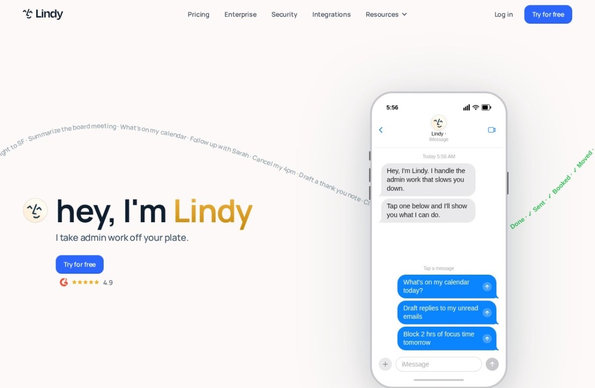 Lindy homepage showing an AI assistant handling admin tasks by message