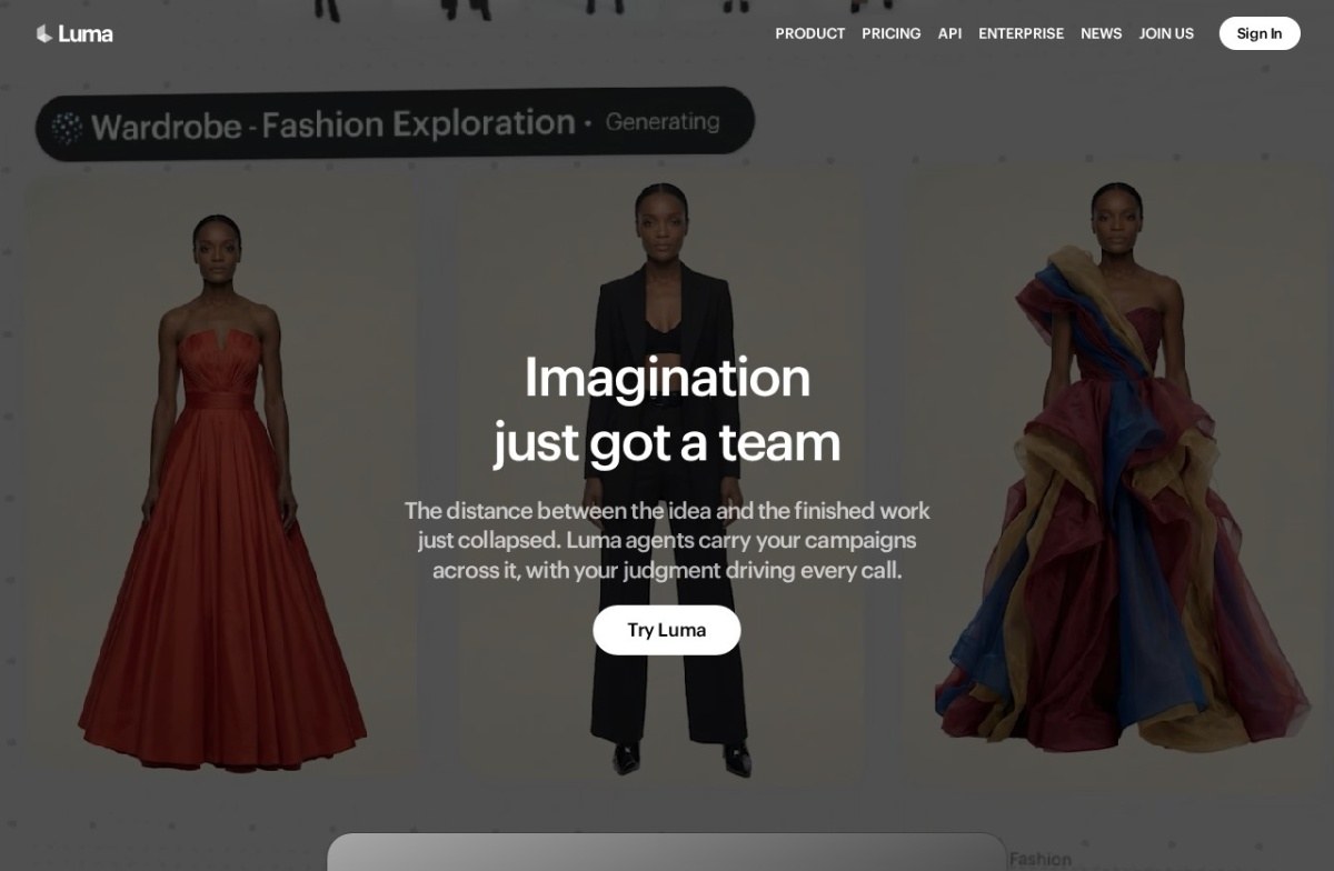 Luma homepage showing generated fashion imagery