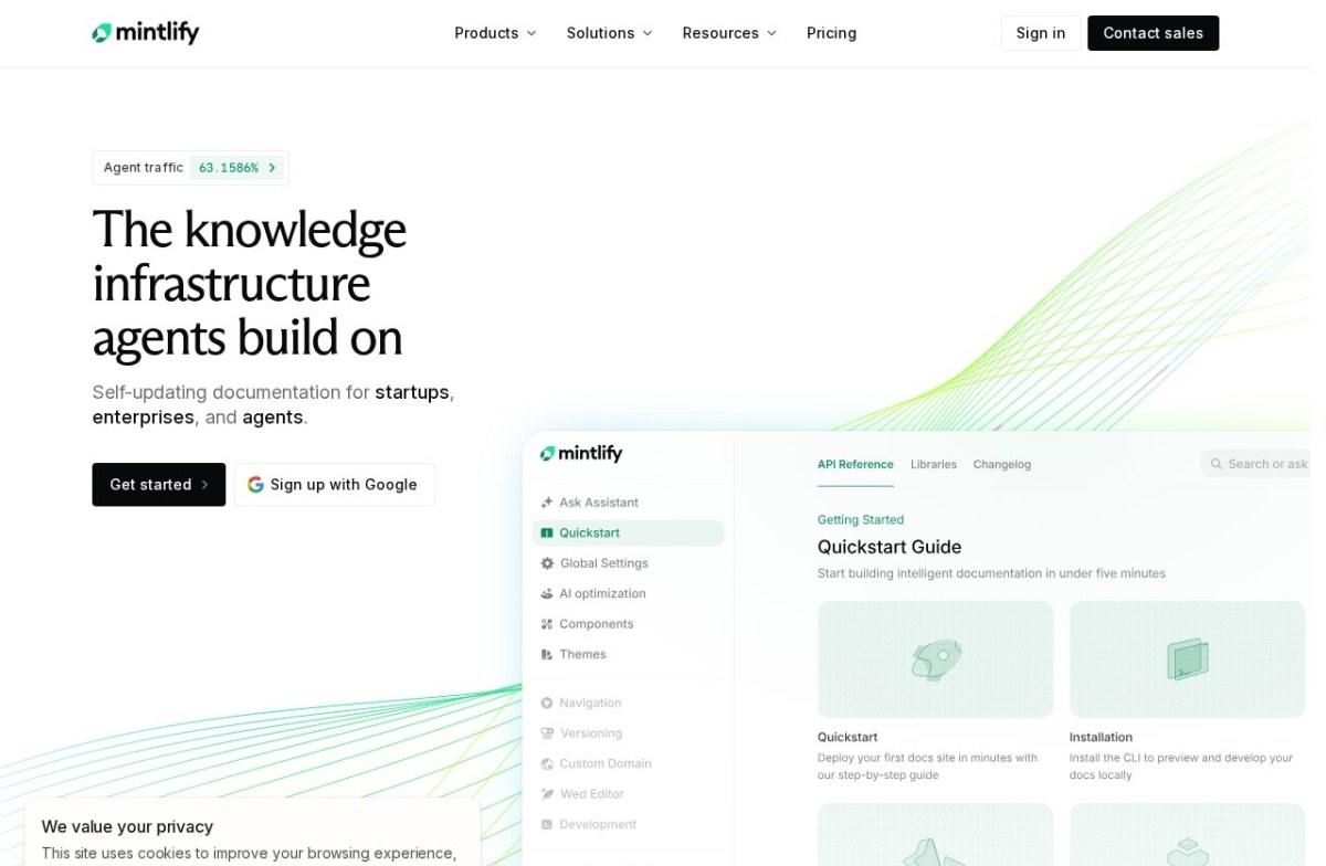 Mintlify homepage describing self-updating documentation for agents