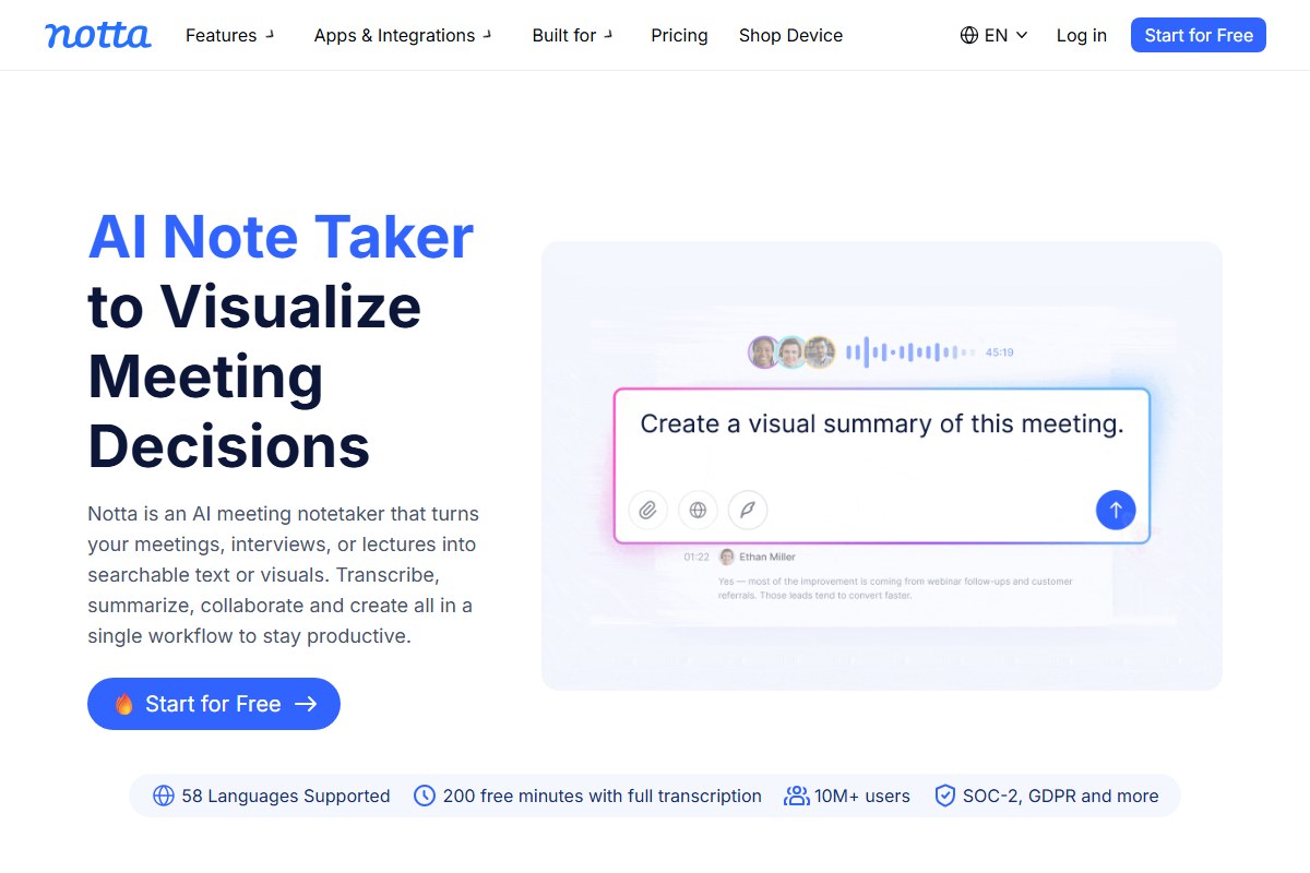 Notta AI note taker home page