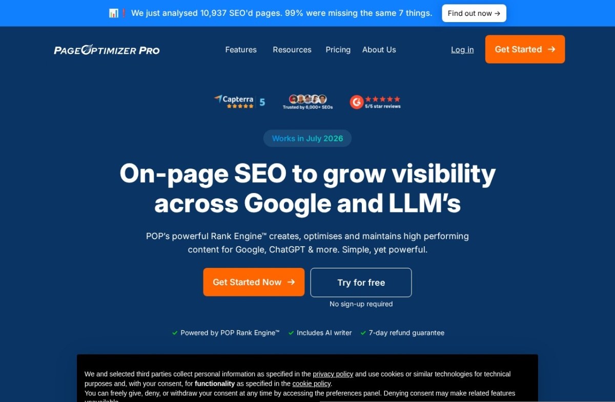 PageOptimizer Pro homepage describing on-page SEO scoring for Google and chat assistants