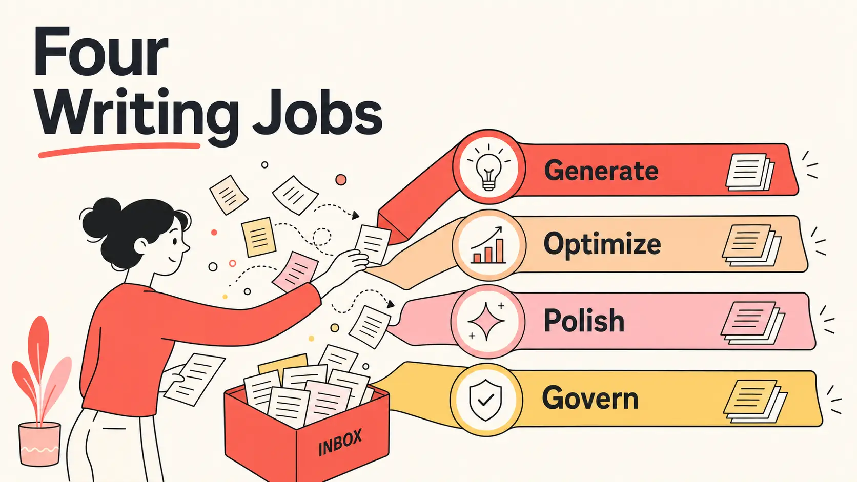 person-sorting-documents-into-four-labeled-writing-job-lanes