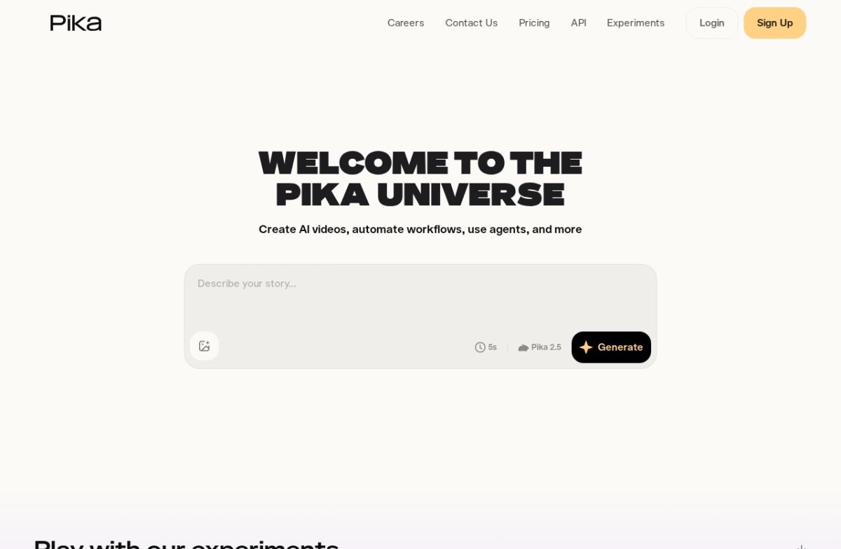 Pika homepage with a prompt box for creating AI videos