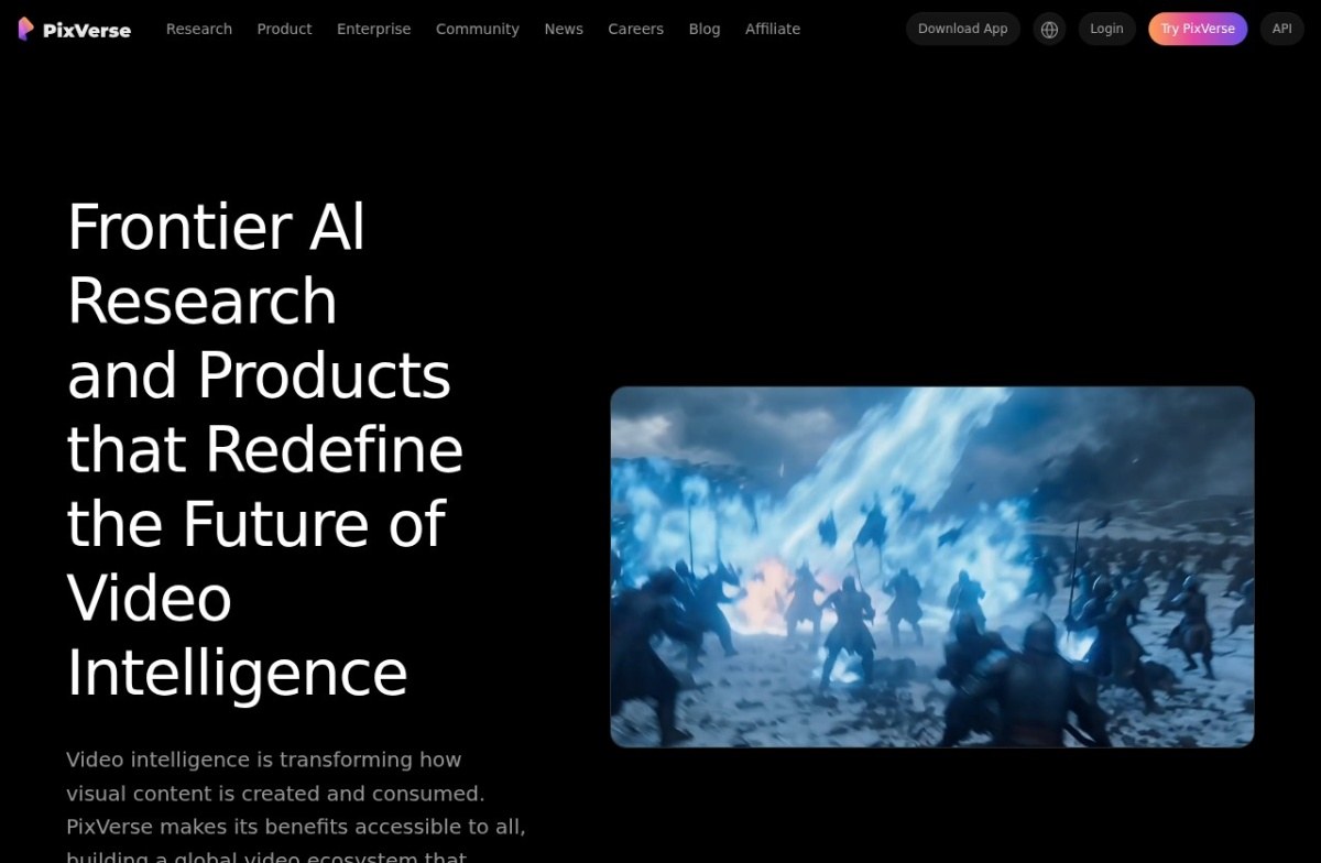 PixVerse homepage describing its video intelligence research and products