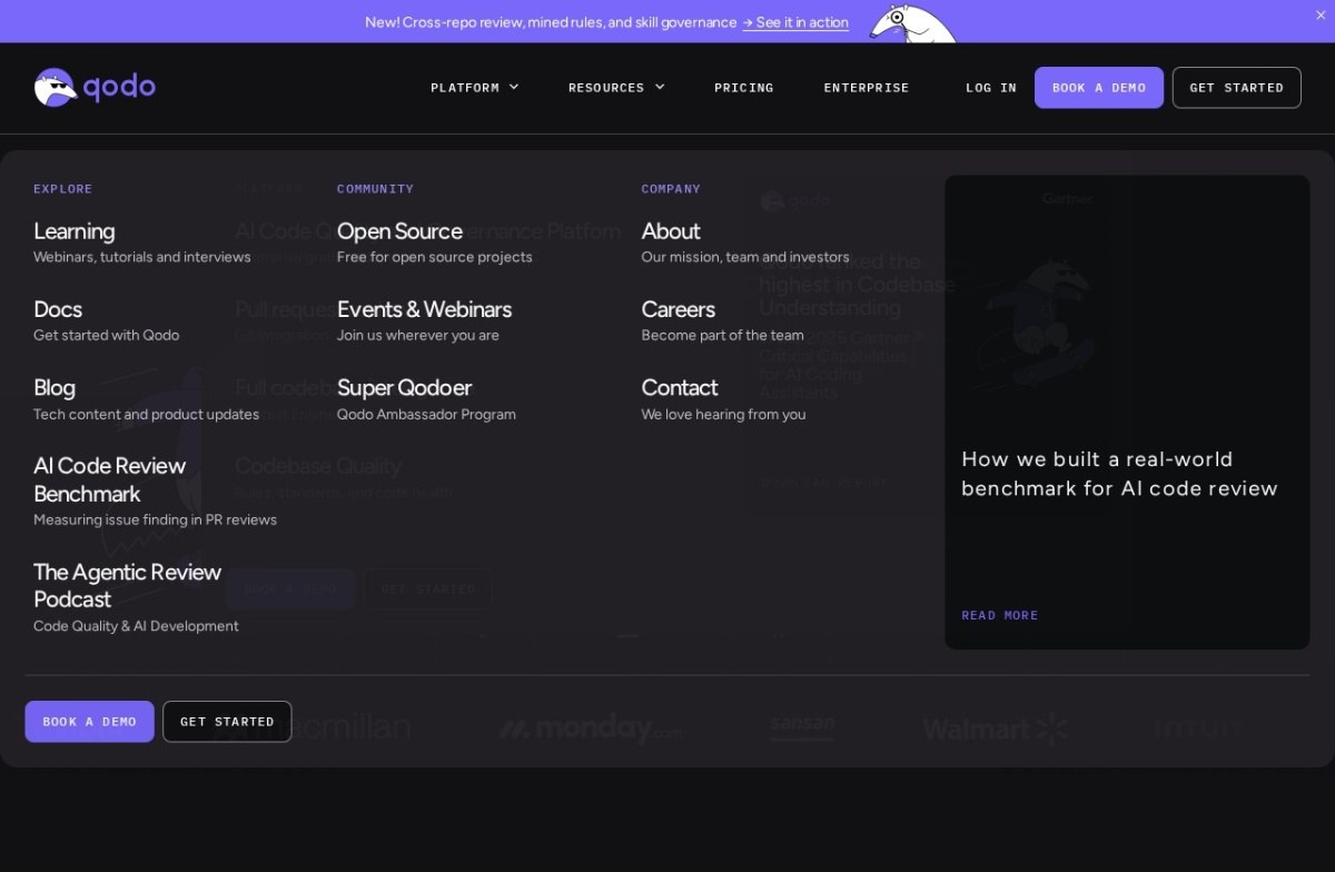 Qodo homepage showing its code quality and test generation platform