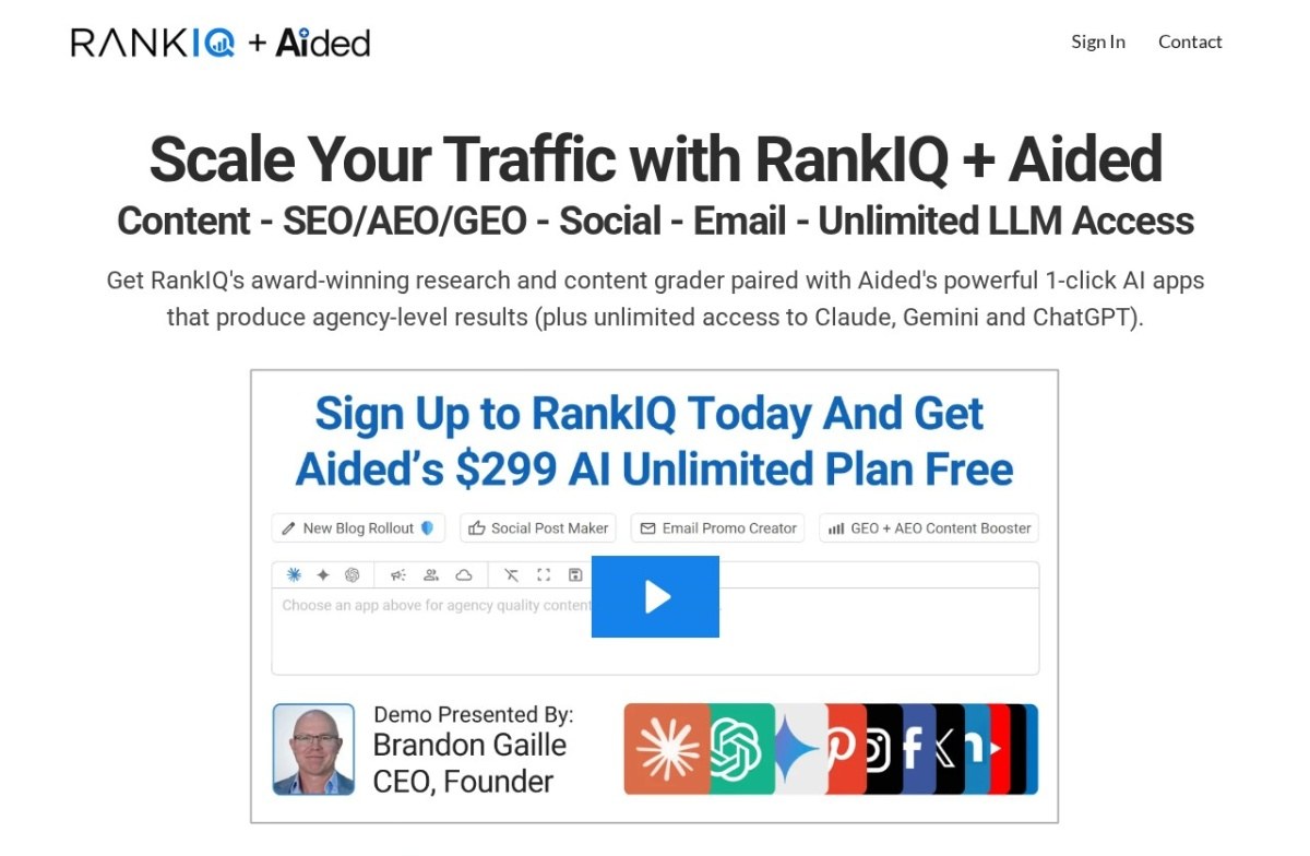 RankIQ homepage showing its content research and grading offer for bloggers