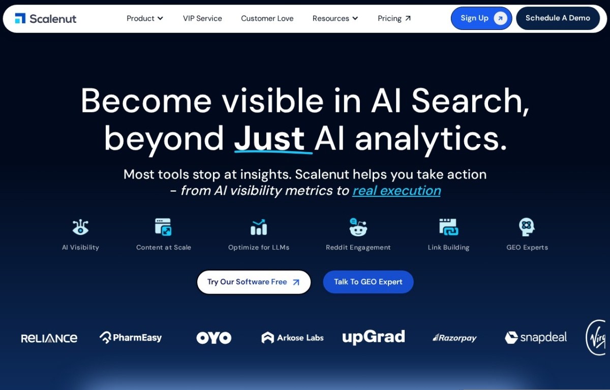 Scalenut homepage describing AI search visibility and content execution