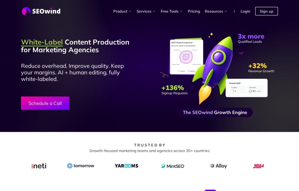 SEOwind homepage describing white-label content production for marketing agencies