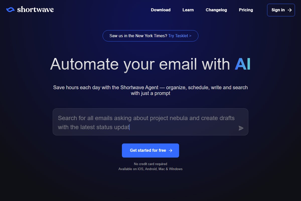 Shortwave homepage showing an AI prompt box above an email inbox