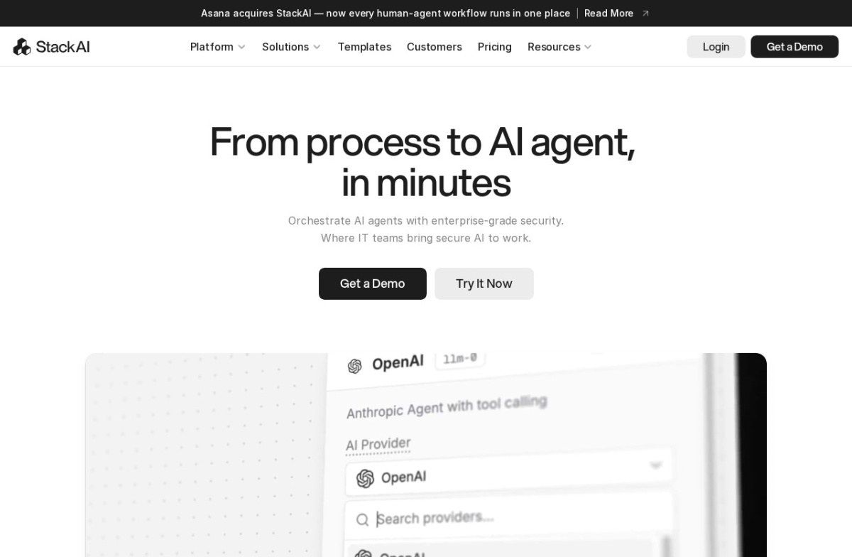 Stack AI homepage describing agents built from a process in minutes