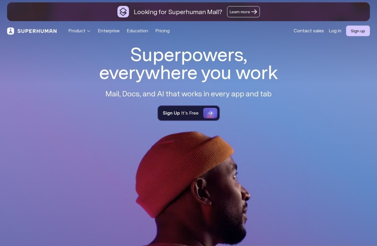 Superhuman homepage showing its broadened mail, docs and AI positioning