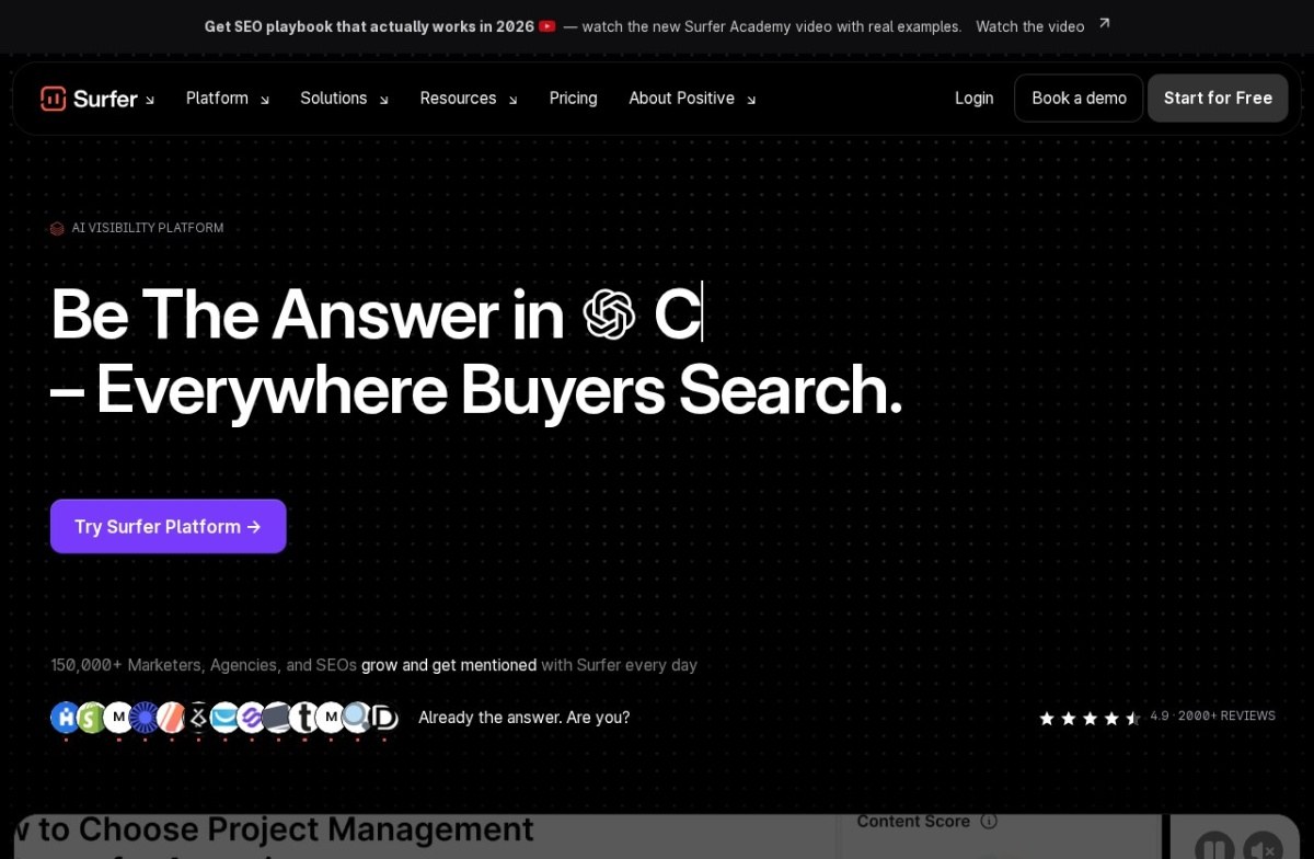 Surfer SEO homepage positioning the product around being cited in AI answers