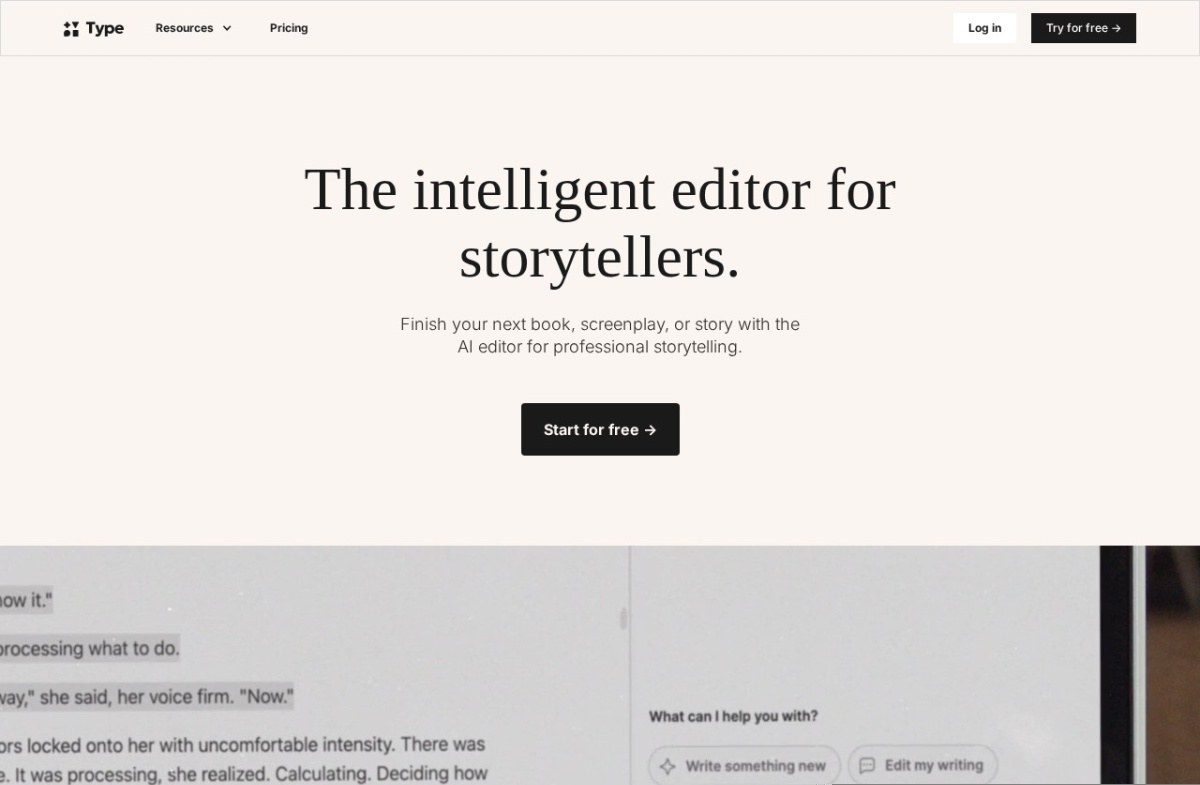 Type.ai editor for storytellers home page