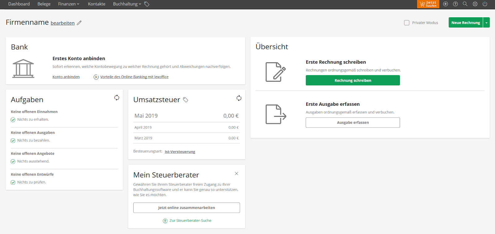 Dashboard of the accounting software lexoffice