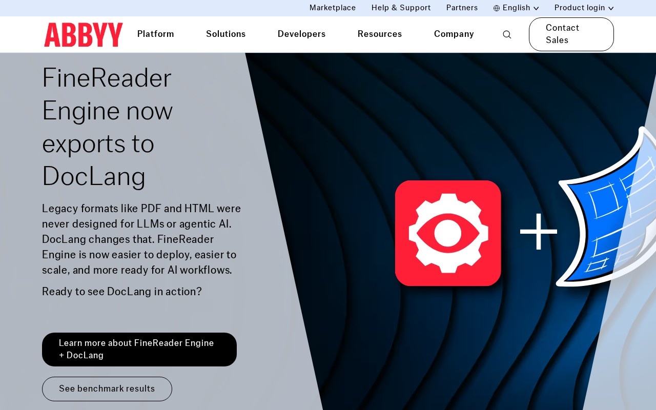 ABBYY home page announcing that its FineReader Engine now exports documents to DocLang