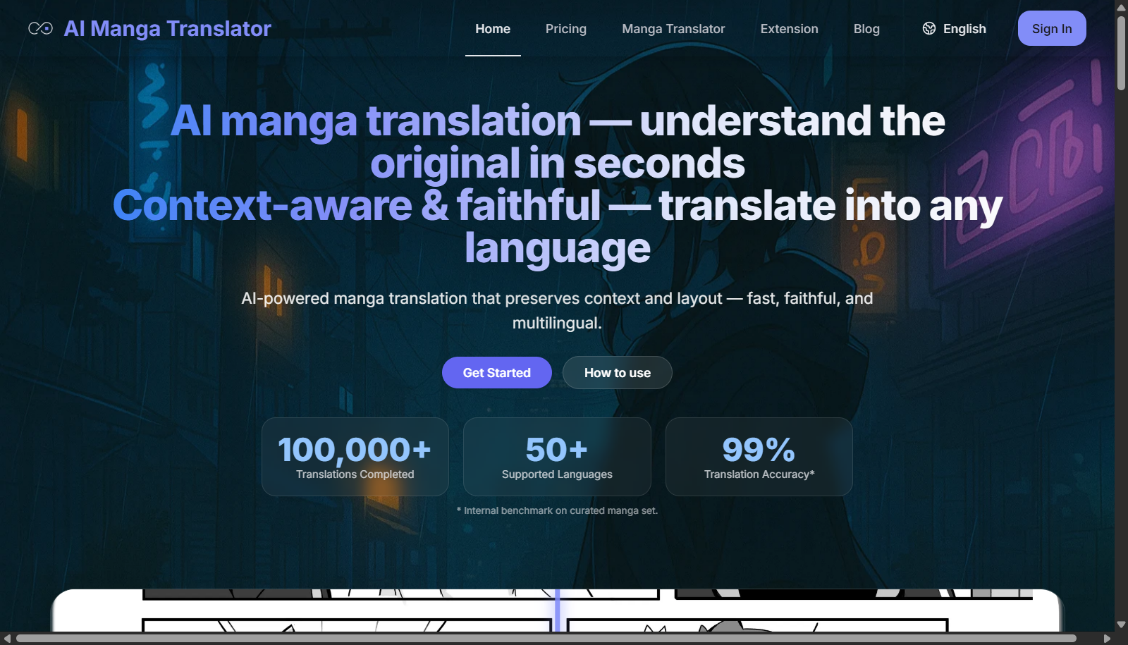 AI Manga Translator homepage describing context-aware manga translation