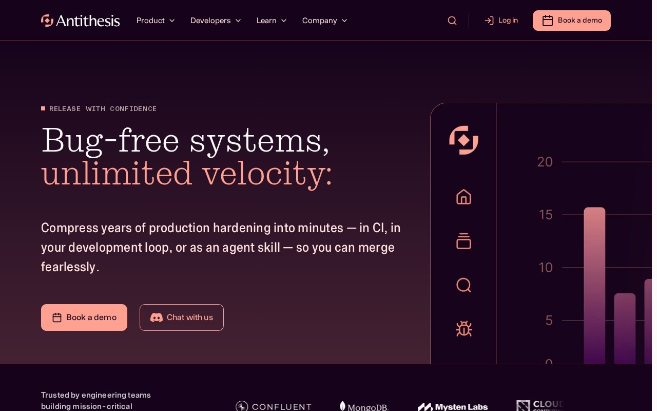 Antithesis homepage describing autonomous testing through deterministic simulation
