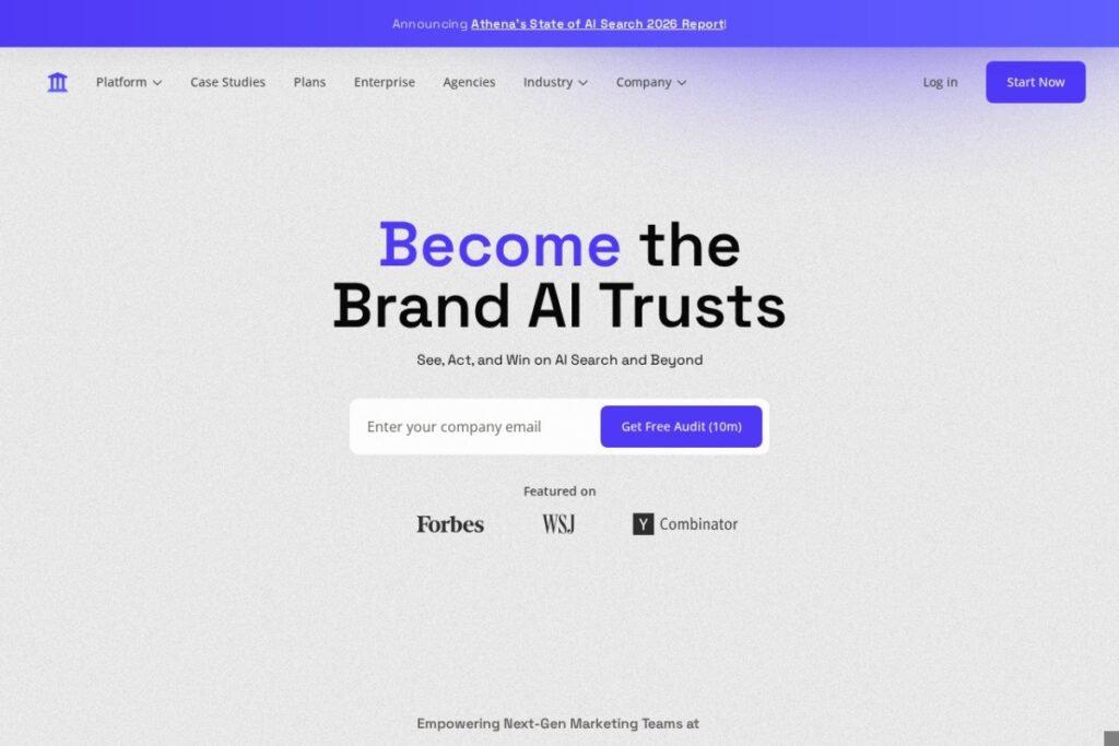 AthenaHQ homepage showing its AI answer engine visibility tracking