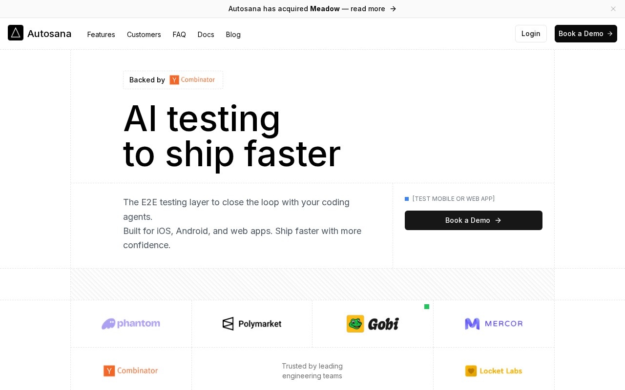 Autosana homepage showing its cloud-hosted mobile and web QA agent