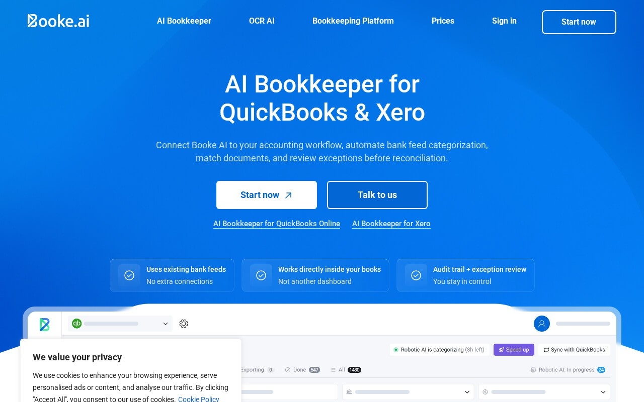 Booke AI homepage describing an AI bookkeeper for QuickBooks and Xero