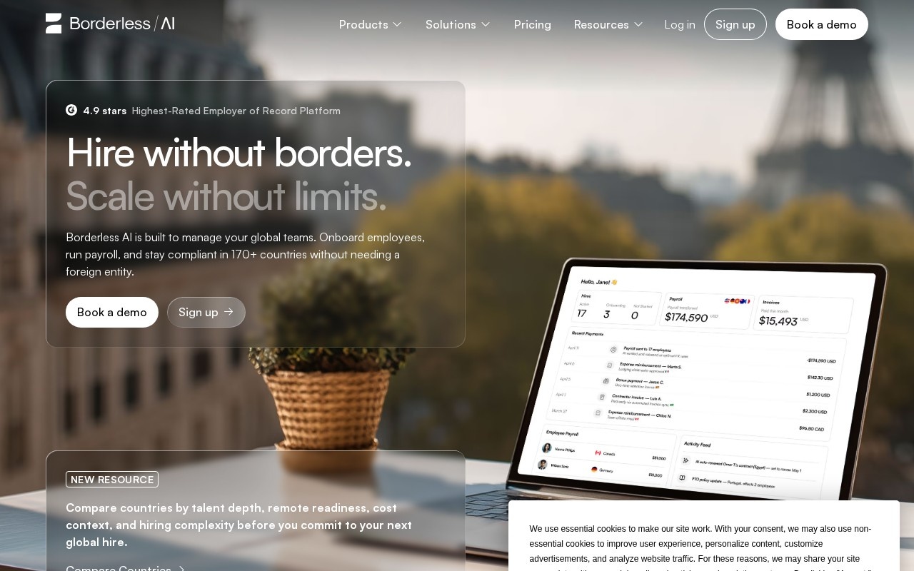 Borderless AI homepage describing hiring and paying international teams