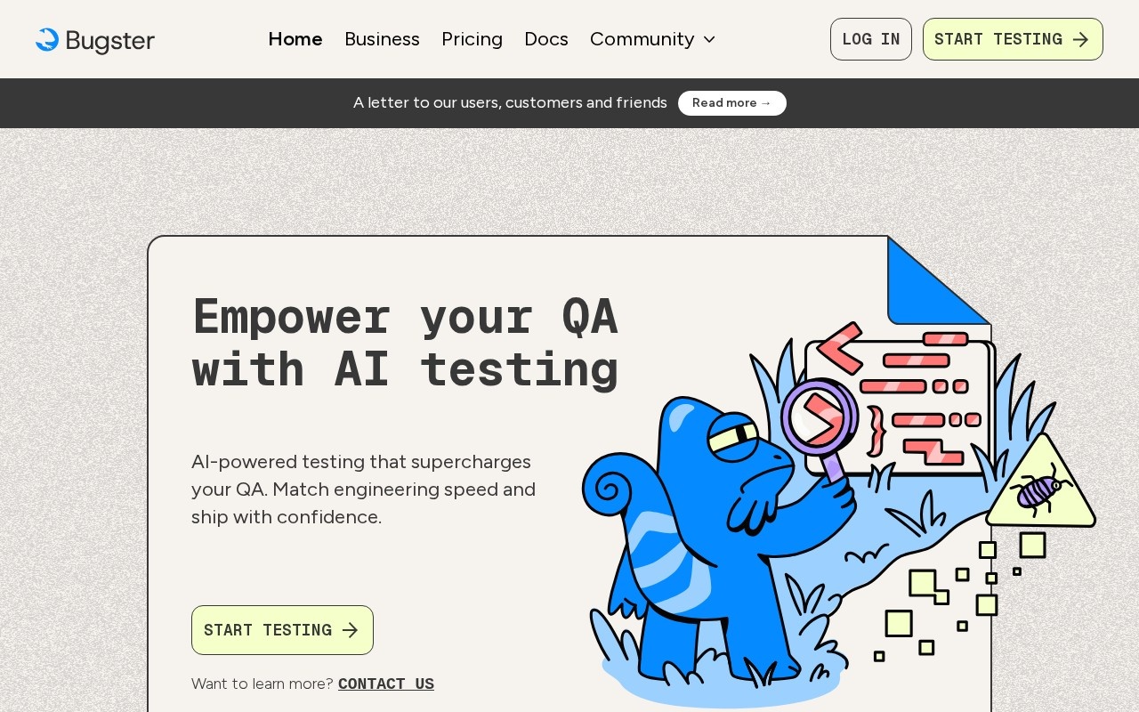 Bugster homepage showing automatic end-to-end test generation from user flows