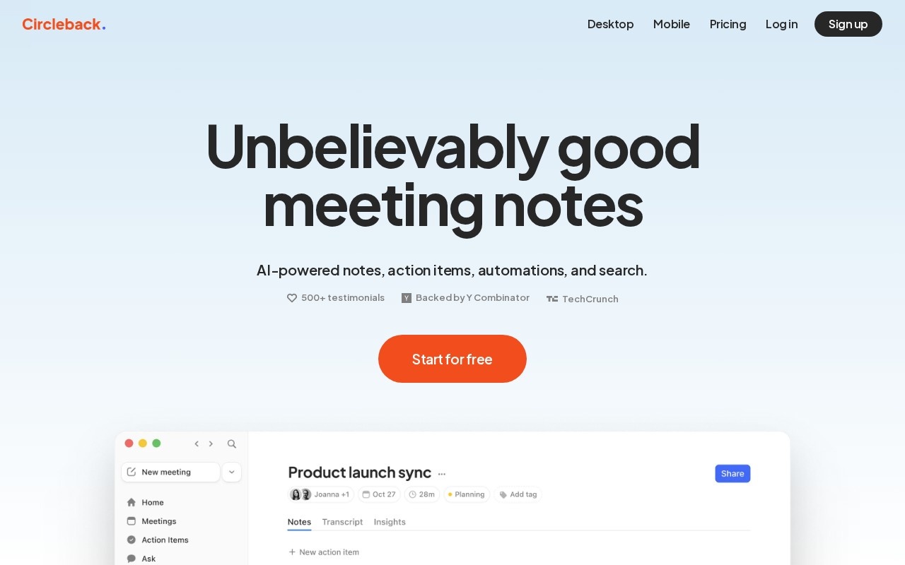 Circleback AI meeting notes home page