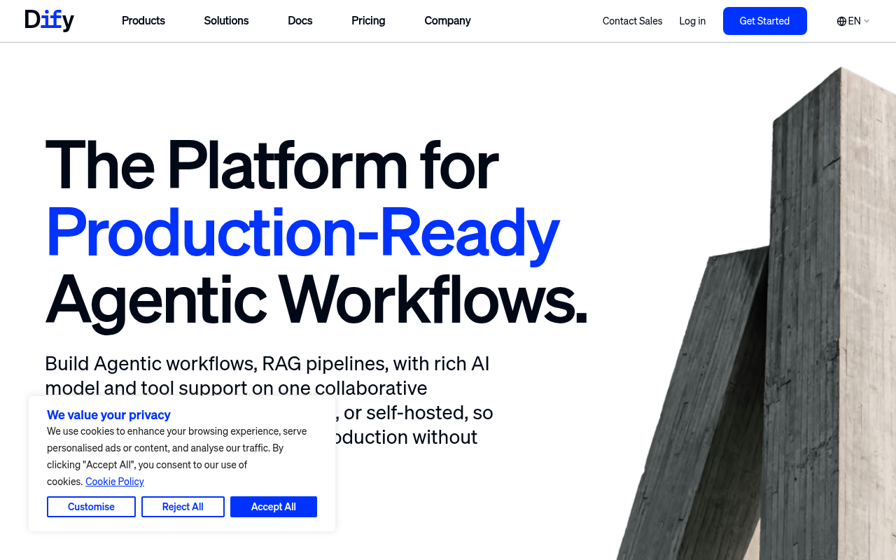 Dify homepage describing production-ready agentic workflows