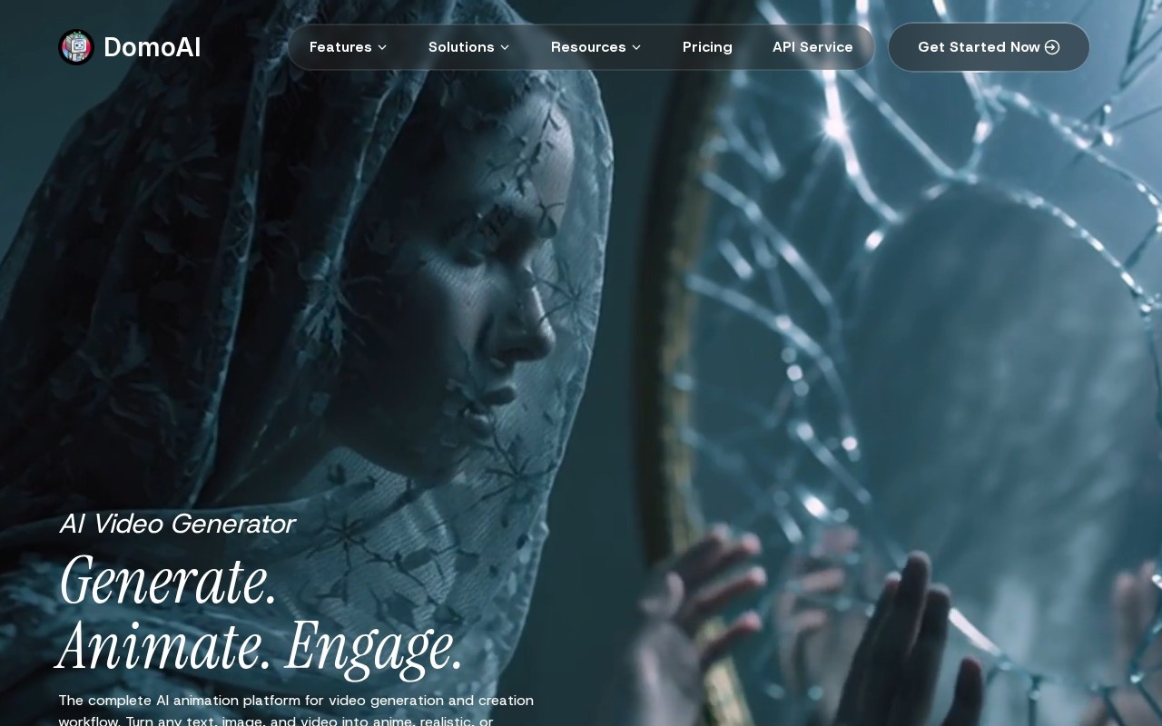 DomoAI homepage describing its AI animation platform for text, image and video