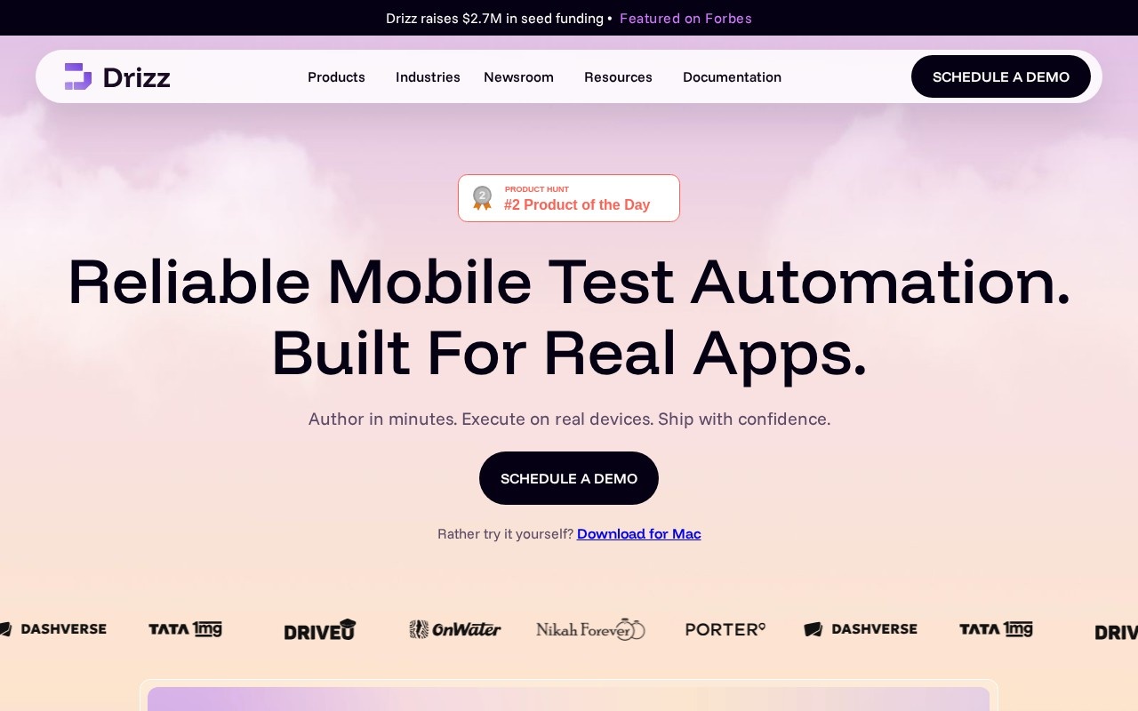 Drizz homepage showing vision-based mobile app test automation
