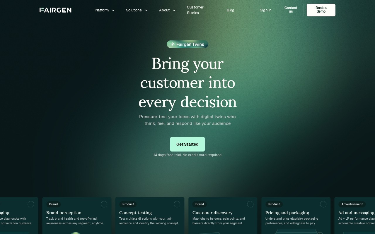 Fairgen homepage describing digital twins that respond like your audience
